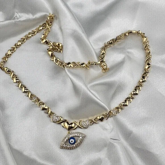 Gold Yellow Gold Plated Heart Link Chain Necklace with Evil Eye Charm Pendant - Picture 4 of 4